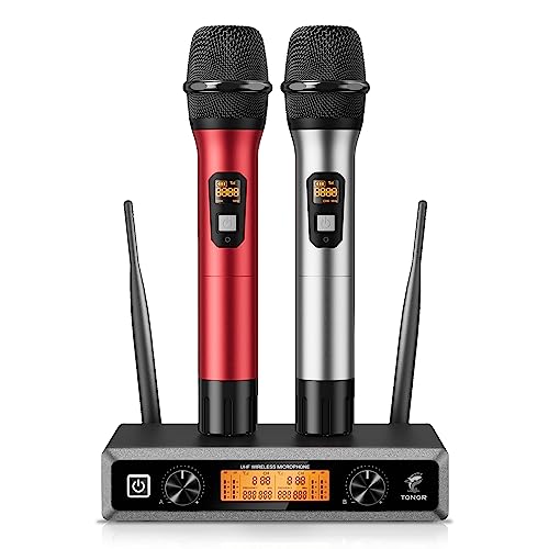 TONOR Wireless Microphones System, 2*15 Channel Metal Professional UHF Cordless Dynamic Handheld Mics with Receiver for Home Karaoke, Meeting, Party, Church, DJ, Wedding, KTV, 200ft, TW-820 Silver&Red - color: Silver & Red, style: 2 Mics