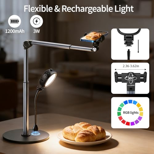 Overhead Phone Mount with RGB Light, Phone Holder for Content Creators, Flexible Articulating Arm Phone Mount for Desk for Live Streaming, Meeting, Cooking, Filming, Nail Techs - Perfect for Creators