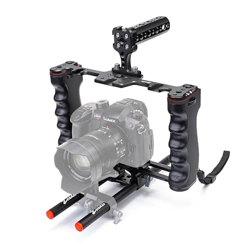Zeadio Camera Video Rig Cage, Aluminum Filmmaking Movie Making Kit with Top Handle & Arca Type Base and Two 15mm Rod Guide, Compatible with All DSLR Camera and Camcorder - style: Top Handle + Rod Guide