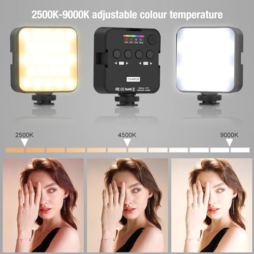 RGB LED Video Light with 360-Degree Color Adjustment & 3 Cold Shoe Mounts, 1200mAh Rechargeable Portable Photography Light for Streaming Studio Content Creation