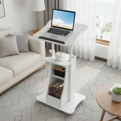 Tangkula Mobile Lectern Podium, Height Adjustable Podium Stand, Standing Sit-to-Stand Desk, Rolling Cart Laptop Desk with Swivel Top Movable Wheels & Storage - color: White, size: 20" x 16" x 44"