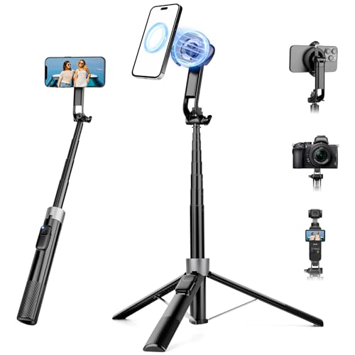 70" Magnetic Phone Tripod, Selfie Stick Tripod for iPhone MagSafe & Camera with Rechargeable Remote & 2 in 1 Magnetic Holder, 360° Rotatable Portable Cell Phone Stand for Travel Vlog Video Recording - color: Black, size: 70 inch