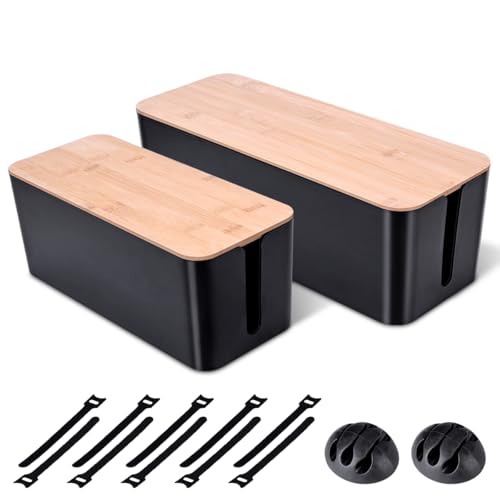 2 Pack Large Cable Management Box – Wooden Style Cord Organizer Box and Cover for TV Wires, Computer, Router, USB Hub and Under Desk Power Strip – Safe ABS Material and Baby-Pets Proof Lock (Black) - color: Black
