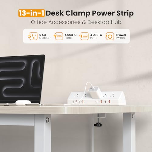 VILONG Desk Clamp Power Strip,65W Total Fast Charging Station,Desk Edge Mount Power Strip,8 USB Ports (4 USB C) & 5 AC Outlets,1200J Surge Protector (White, 6, Feet, Power Strip) - color: White