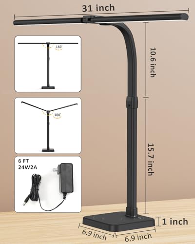 AKRRYR LED Desk Lamp for Home Office, Double Head 24W with Base, Architect Light 5 Lighting Brightness Flexible Gooseneck Table Reading Study, Black - color: Black-Desktop