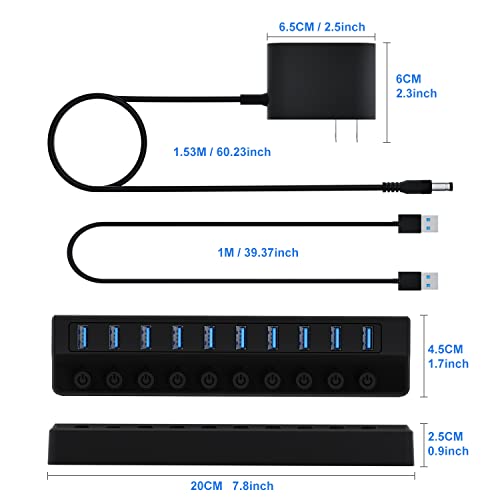 ONFINIO Powered USB Hub 3.0, 10-Port USB Splitter Hub with Individual On/Off Switches and 12V/2A Power Adapter USB Extension - style: 10 PORT 3.0
