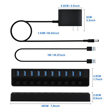 ONFINIO Powered USB Hub 3.0, 10-Port USB Splitter Hub with Individual On/Off Switches and 12V/2A Power Adapter USB Extension - style: 10 PORT 3.0