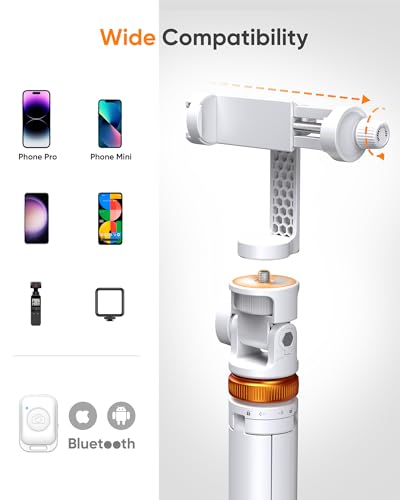EUCOS 62" Tripod for iPhone, Sturdy Selfie Stick Tripod with Remote & Lightweight Phone Stand, Solidest Portable Cell Phone Tripod, Compatible iPhone Pro Max/Android [White] - color: Mineral White