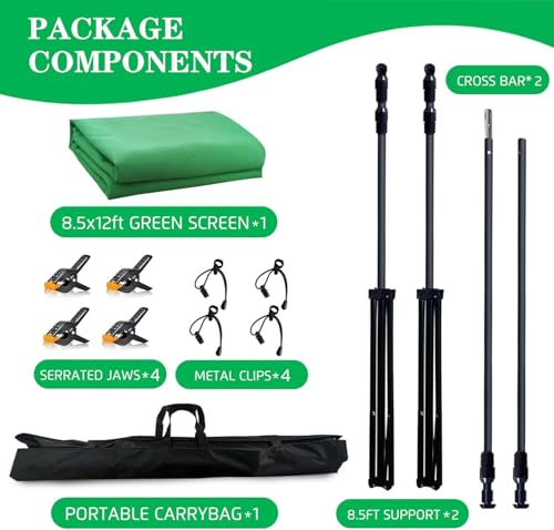 2-in-1 Green Backdrop Stand Kit - 8.5x12 ft Green Backdrop with 10x8.5ft Portable Photography Stand for Video Streaming,Zoom Meetings,Parties,Anti-Wrinkle Polyester Fabric - size: 10' (W) x 8.5' (H)