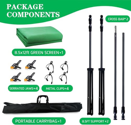 2-in-1 Green Backdrop Stand Kit - 8.5x12 ft Green Backdrop with 10x8.5ft Portable Photography Stand for Video Streaming,Zoom Meetings,Parties,Anti-Wrinkle Polyester Fabric - size: 10' (W) x 8.5' (H)