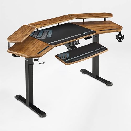 EUREKA ERGONOMIC Solid Wood Top Gaming Desk, 72" Dark Acacia Wood Wing-Shaped Studio Desk with Keyboard Tray, LED Shelves, Heavy-Duty Recording & Live Stream Desk - color: Dark Acacia Wood, size: 72"W x 35"H-Adjustable