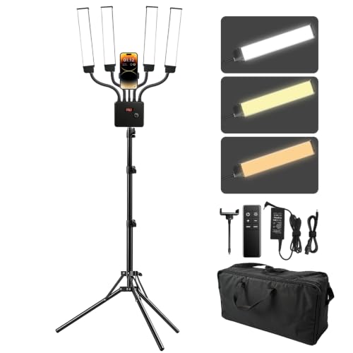 Selfie Light with 75'' Tripod Stand, Dimmable 3 Color Four Arms LED Tattoo Light with Phone Holder & Carry Bag, LED Light for Lash Tattoo Video Photography Live Stream, 80W 95CRI Floor Lamp