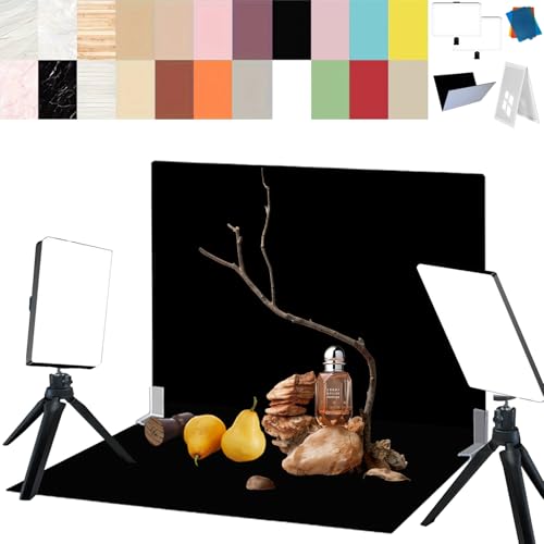 15PCS Black Velvet Flocked Product Photography Backdrops Board with 2PCS LED Lighting Kit Anti-Glare Photo Backdrop for Small Product Food Jewelry Cosmetic. (16x11.5in)