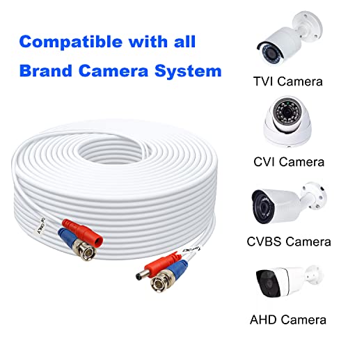 150ft 4 Pack BNC Video Power Cable for CCTV Systems - Includes 8 BNC Adapters & 100 Cable Clips - White - size: 150 FT