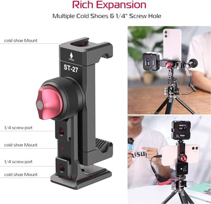 Metal Phone Tripod Mount 3 Cold Shoes & Arca Port, 360° Smartphone Tripod Adapter for iPhone 17 16 15 Cell Phone Stand Holder for Desktop Video Live Streaming Vlogging Rig