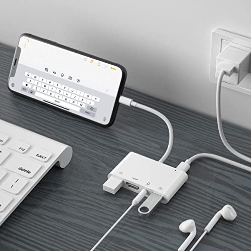 Lightning to HDMI Adapter for iPhone/iPad to TV, Dual USB OTG Adapter with Microphone Input for Live-Streaming, MIDI Keyboard, Mouse, HD TV/Projector/Monitor Compatible (White)