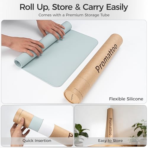 Silicone Desk Mat for Minimal, Creative, Vanity Desk – Reduces Glare, Comfortable Viewing – Writable, Non-Slip, Waterproof, Roll-Up – Food-Grade Platinum-Cured Silicone, Gift Tube（Mist Blue） - color: Mist Blue