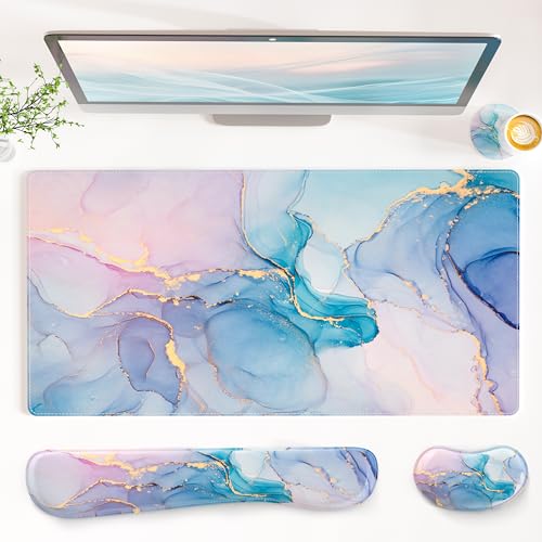 QIYI Leather Desk Mat Set, 4-in-1 Large Mouse Pad with Ergonomic Wrist Rest, Waterproof Desk Pad + Keyboard Wrist Rest +Mouse Wrist Support+Coaster, Non-Slip Office Gaming Accessories, Blue Pink Fluid - color: Blue Pink Fluid
