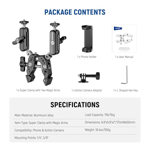 NEEWER Heavy Duty Super Clamp with Two 360° Dual Ball Head Magic Arms, 1/4" 3/8" Screw Threads, Phone & Action Camera Mount Adapter for Flat/Round Surface Compatible with GoPro DJI Insta360 DSLR - style: ST89