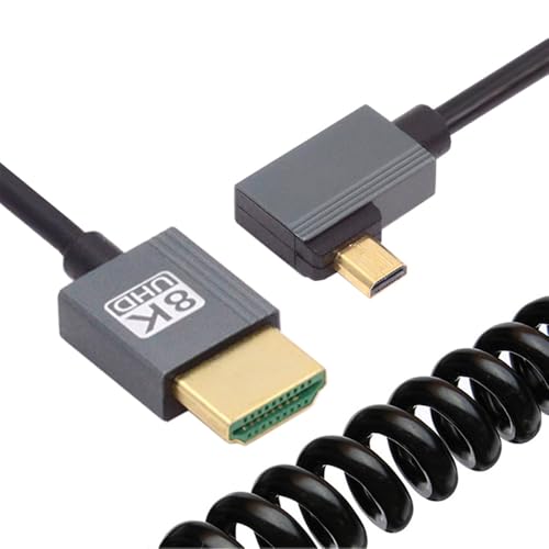 Cable Micro HDMI 2.1 Male to HDMI Male 8K 60hz Stretch Coiled Cable Right Angled 90 Degree for HDTV Camera Laptop Monitor - style: Micro HDMI Right Angled