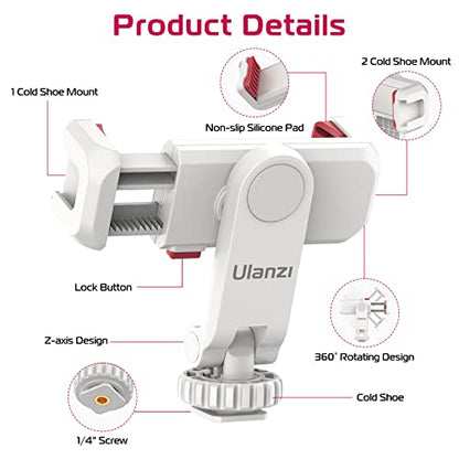 ULANZI Phone Tripod Mount ST-06S White, Universal Smartphone Mount Adapter with 2 Cold Shoe, 360° Rotates and Adjustable Cell Phone Clip Clamp Holder, Compatible with iPhone, Samsung Galaxy and More - color: White