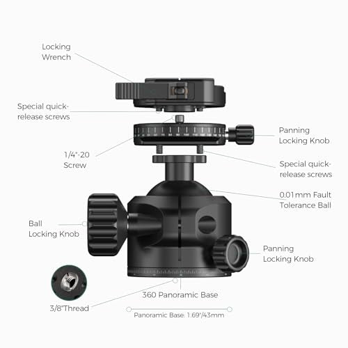FANAUE Low Profile Camera Tripod Ball Head Mount, 55mm Tripod BallHead with 360° Swivel & 90° Tilt Panoramic Compatible with Arca, (XB-55T)