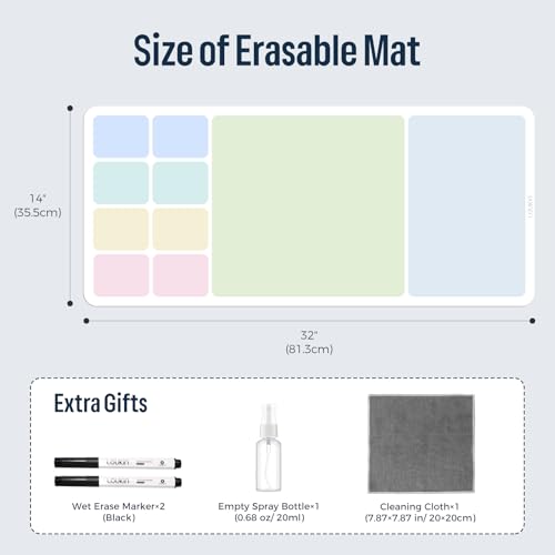 LOUKIN Erasable Dry Erase Desk Mat, 32"x14" Mouse Pad, Writing White Board, Non-Slip Desktop Protector for Office, Home, School (Includes 2 Wet Erase Markers & Cleaning Cloth)