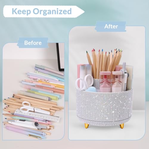 SKYDUE 360 Degree Rotating Desk Organizer, Shining Dual-Purpose Rhinestone Pencil Pen Holder, Rotating Desk Pen Organizer with 5 Slots, Rhinestone Pencil Cup for Office, School, Home - color: Crystal White
