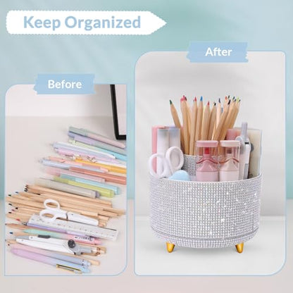 SKYDUE 360 Degree Rotating Desk Organizer, Shining Dual-Purpose Rhinestone Pencil Pen Holder, Rotating Desk Pen Organizer with 5 Slots, Rhinestone Pencil Cup for Office, School, Home - color: Crystal White