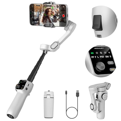 AOCHUAN Cellphone Gimbal for Video Recording w/AI Tracking,3 -axis Vlogging Gimbal stabilizer for iPhone w/OLED Display, Smartphone Holder w/7.8' Extension Rod, Trigger Button Smart V8(White) - color: White, size: Smart V8