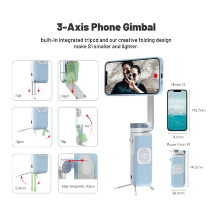 PowerVision S1,Smartphone Gimbal - Portable, Wireless Charging, 3-Axis Stabilization, Face Tracking, Gesture Control, Anti-Shake, Compatible with YouTube/TikTok/Vlogging (Car Mount Kit, Blue)