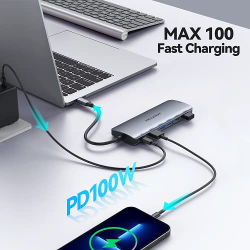 USB C Hub, 9-in-1 Multi-Port USB Adapter, 4K@60Hz HDMI, 100W Max PD, 3 USB3.0(5Gbps) + 2 USB2.0 Data Ports, SD/TF Card Reader for MacBook, iPad Pro, Dell, HP, Lenovo, Windows Laptop - color: Grey