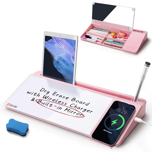 SELEAD Desktop Glass Whiteboard with Wireless Charger Station and Mirror, Dry Erase Board Computer Pad Keyboard Stand with Organizer for Home, School, Office Desk Accessories, Pink - color: Pink Charger With Mirror