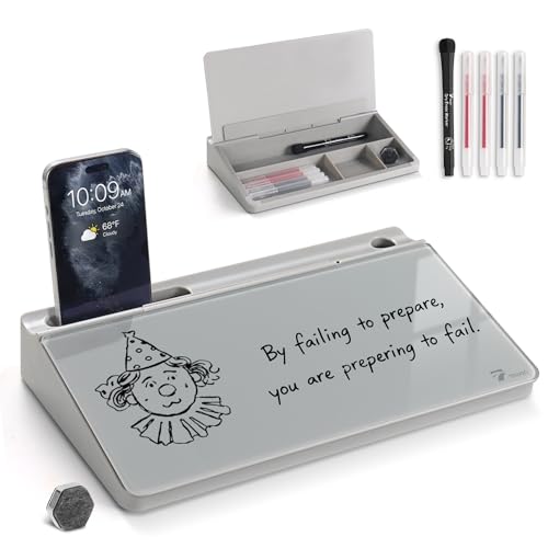 Small Compact Glass Desktop Whiteboard with Storage – 12 x 7 in Dry Erase Board for Desk, Home Office, School | Includes 5 Markers, Eraser & Holder | Space-Saving Organizer, Stone Gray - color: Light Gray