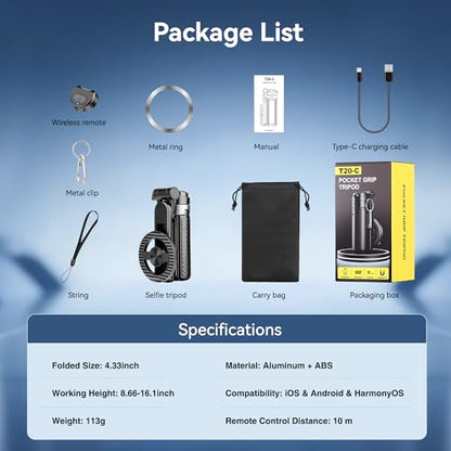 4-in-1 Multifunctional Magnetic Phone Tripod, Portable Selfie Stick for iPhone & Android with Detachable Remote and Metal Ring, Magnetic Tripod Extendable Length 4.33" - 16" - size: 16inch