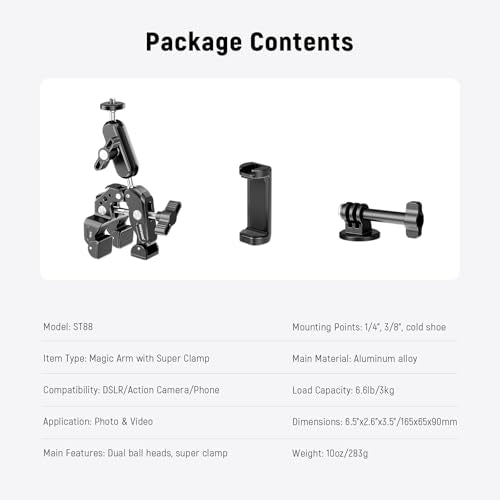 NEEWER Super Clamp with 3" Dual Ballhead Magic Arm, Camera Phone Clamp Mount with 1/4" 3/8" Threads, Cold Shoe, Phone Holder, Action Camera Adapter Compatible with GoPro DJI iPhone 16 15 Pro Max, ST88 - style: ST88