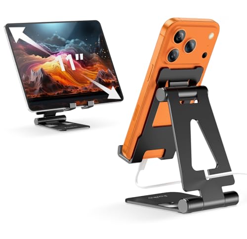 Aoviho Foldable Cell Phone Stand for Desk, Adjustable Phone Holder for Office, Video Calls and Streaming, Portable Desktop Phone Dock Compatible with iPhone 17 16 15 14, Samsung Galaxy, Black - color: Black