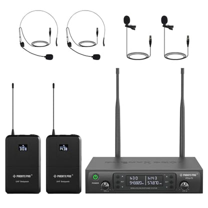 Phenyx Pro Dual UHF Wireless Microphone System，Auto-Scan Cordless Mic Set w/ 2x100 Frequencies, 2 Bodypacks & Headsets/Lapel Microphones for Speaking, Singing, Church, DJ (PTU-71-2B)