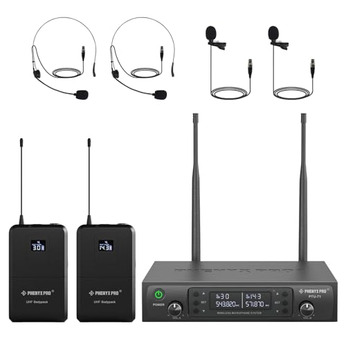 Phenyx Pro Dual UHF Wireless Microphone System，Auto-Scan Cordless Mic Set w/ 2x100 Frequencies, 2 Bodypacks & Headsets/Lapel Microphones for Speaking, Singing, Church, DJ (PTU-71-2B)