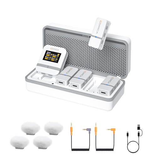 COMICA Vimo Q 4 Channel Wireless Lavalier Microphone System with Noise Cancellation, 4 Audio Tracks Output, 656ft Range, Wireless Mic for DSLR Camera, iPhone, Android,Recording Livestream(White) - color: White