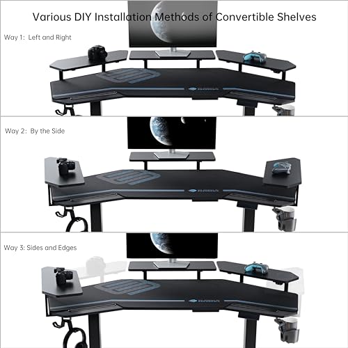 EUREKA ERGONOMIC Gaming Desk Adjustable Height Standing Desk 63" Wing Shaped Music Studio Table Workstation w Full Coverage Mousepad, 3 Stands, Dual Headphone/Cup Holder, Ipad-Slot - color: Black, size: 63"W x 48"H-Adjustable