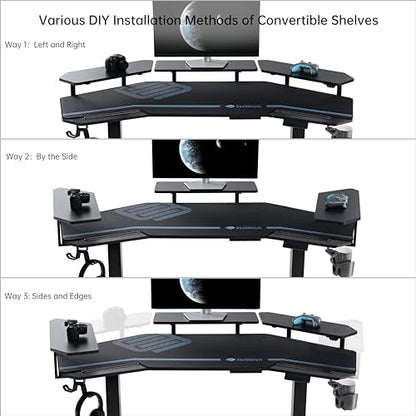 EUREKA ERGONOMIC Gaming Desk Adjustable Height Standing Desk 63" Wing Shaped Music Studio Table Workstation w Full Coverage Mousepad, 3 Stands, Dual Headphone/Cup Holder, Ipad-Slot - color: Black, size: 63"W x 48"H-Adjustable