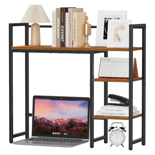 Snughome Desk Shelf, 31.9" Desktop Organizer Shelf, Desk Hutch for Computer Monitor, 4 Tier Desk Top Display Rack, Wood Desktop Bookshelf Storage Rack for Home Office Dorm, Rustic Brown - color: Rustic Brown, size: 31.9"