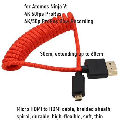 Micro HDMI 4K120 8K60 Raw Cable for ATOMOS Ninja V Ultra Shinobi, Sony ZV-E10 A7C A7R IV A6700, Canon R5C R100 R8 R6 M50 MKII, Nikon Fujifilm Sigma FP, Red Braided Coiled 30cm - color: Red, size: Straight HDMI
