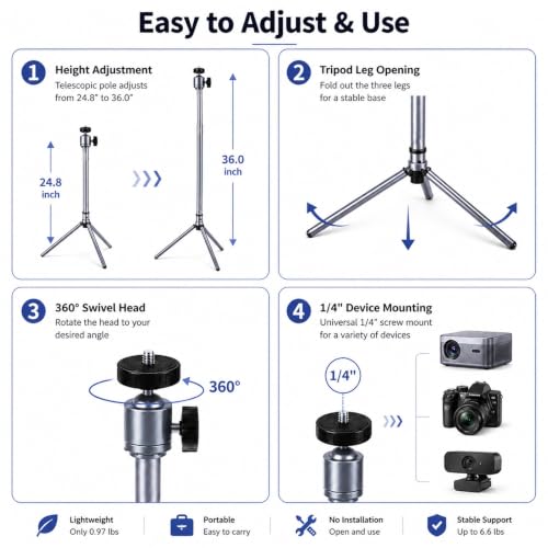 Projector Stand Tripod Adjustable Mount: Portable 360° Rotatable Universal Height 24" to 36" for Projectors Cameras Webcams Suitable for Home Office and Outdoor Scenarios