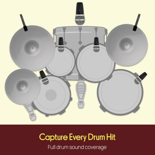 Pyle 7-Piece Wired Dynamic Kit-Kick Bass, Tom/Snare & Cymbals Microphone Set-for Drums, Vocal, & Other Instrument-Complete with Thread Clip, Inserts, Mics Holder & Case, Black