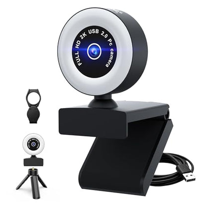 USB HD 2K Video Webcam，with Ring Ligh and Microphoneand Rotatable Tripod& Privacy Cover for PC，, Fast AutoFocus，with Auto White Balance for Video Calls, Live Streaming Gaming & Online Meetings