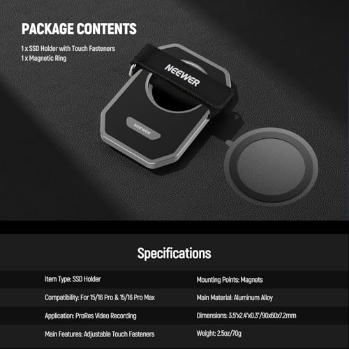 NEEWER Magnetic SSD Mount with Upgraded Touch Fastener, SSD Holder Compatible with MagSafe 16 Pro Max 15 Pro Max 16 Pro 15 Pro for ProRes Video Recording Samsung Lexar SanDisk SSD, PA040 - style: PA040