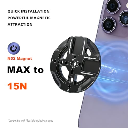 Magnetic Phone Mount Plate with 1/4"-20 Thread & Cold Shoe, N52 Strong Magnet 15N Hold, Aluminum Camera Mount Adapter for iPhone MagSafe, Tripod, Ball Head, Vlogging & Filming Rig (Black) - color: Black