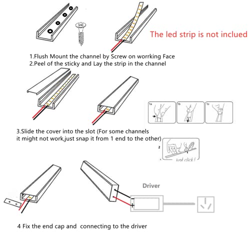 5-Pack Pre-Drilled Countersunk Hole 3.3FT/100CM LED Strip U Channel Diffuser, Hacksaw Easy Cut Flush Mounted Under Cabinet Tape Light Aluminum Track Low Profile with Mounting Spares